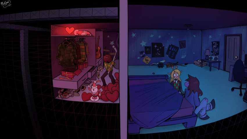 2girls, 2others, absurdres, antlers, bed, bedroom, blonde_hair, blush