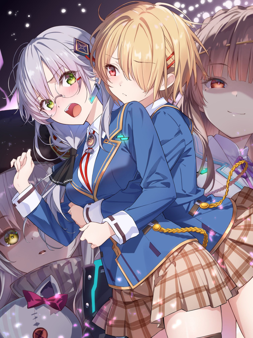 2girls, blonde_hair, blue_jacket, blush, braid, breasts, brown_hair, charlotta_skopovskaya, crown_braid, fox_mask, fur_hat, glasses, green_eyes, grey_hair, hair_ornament, hair_over_one_eye, hair_over_shoulder, hair_stick, hairclip, hat, heaven_burns_red, highres, hug, hug_from_behind, izumi_yuki_(heaven_burns_red), jacket, jealous, kayamori_ruka, kiryuu_miya, long_hair, long_sleeves, love_triangle, low-tied_long_hair, mask, mole, mole_under_eye, multiple_girls, necktie, netarou_(shinra), one_eye_covered, red_eyes, red_necktie, round_eyewear, shirt, short_hair, sidelocks, stuffed_animal, stuffed_cat, stuffed_toy, sweater, ushanka, white_shirt, yellow_eyes, yuri