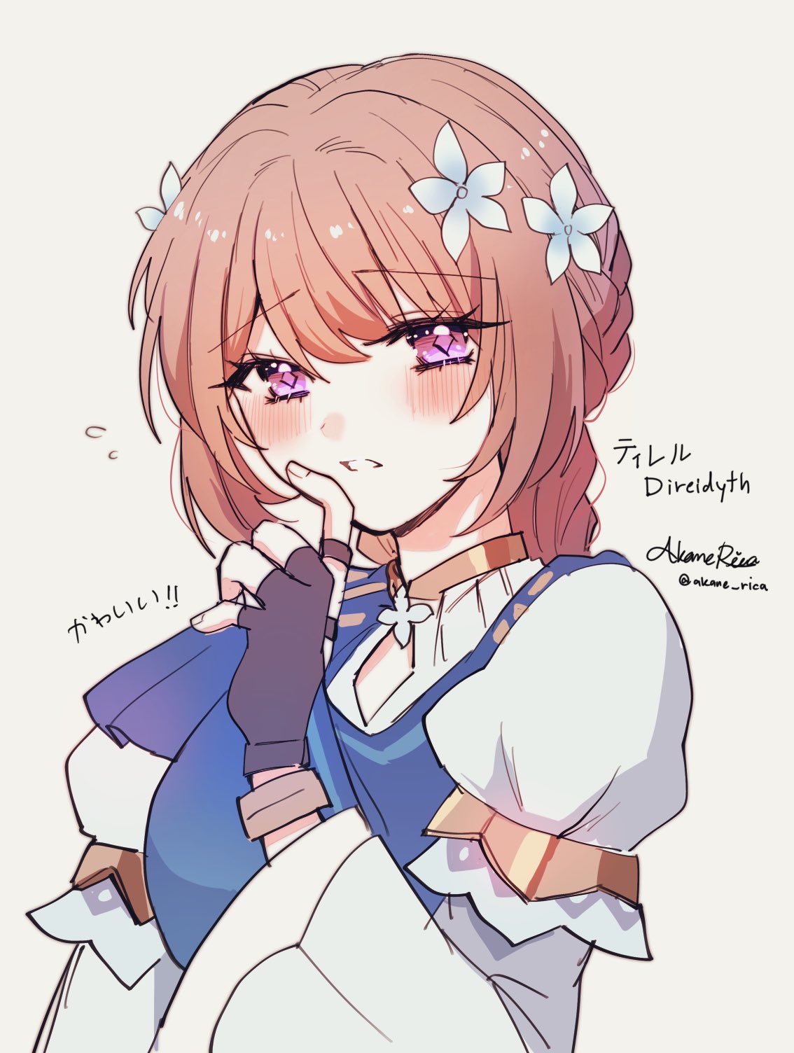 1girl, annerica, black_gloves, blush, brown_hair, character_name, commentary_request, diamond-shaped_pupils