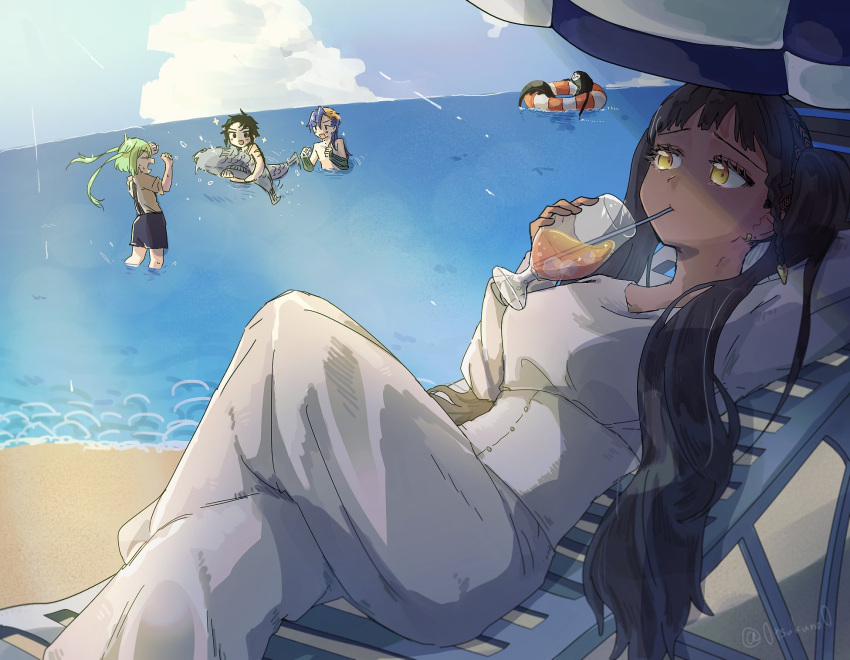 2boys, 2girls, beach, beach_umbrella, black_hair, blue_eyes, blue_hair, blue_sky