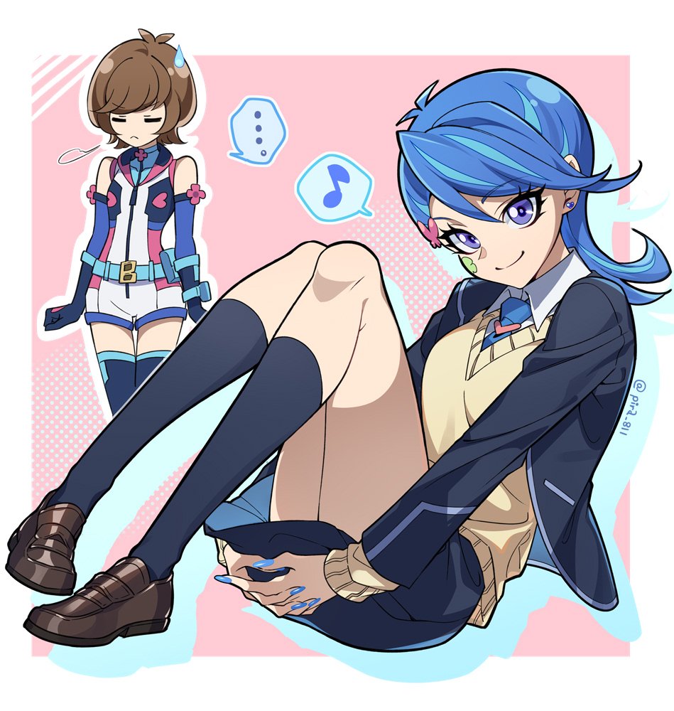 ..., 2girls, bare_shoulders, black_jacket, black_skirt, black_socks, blue_girl, blue_hair