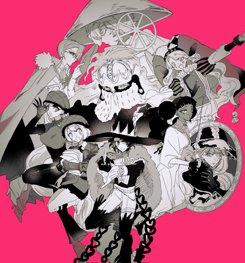 1boy, 5girls, black_hair, boots, braid, breasts, checkered_clothes, checkered_hat