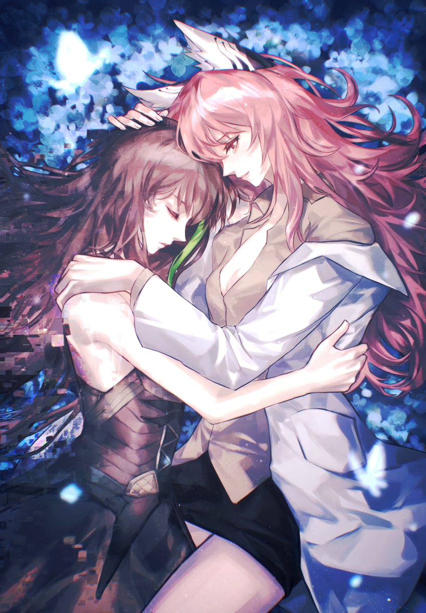 2girls, absurdres, animal_ears, black_skirt, brown_eyes, brown_hair, brown_shirt, cat_ears, commission, girls_frontline, grey_shirt, hand_in_another's_hair, highres, huang_mo_da_e_yu, hug, lab_coat, light_smile, long_hair, looking_at_another, m4a1_(girls'_frontline), multicolored_hair, multiple_girls, persica_(girls'_frontline), pink_eyes, pink_hair, shirt, skirt, smile, tank_top