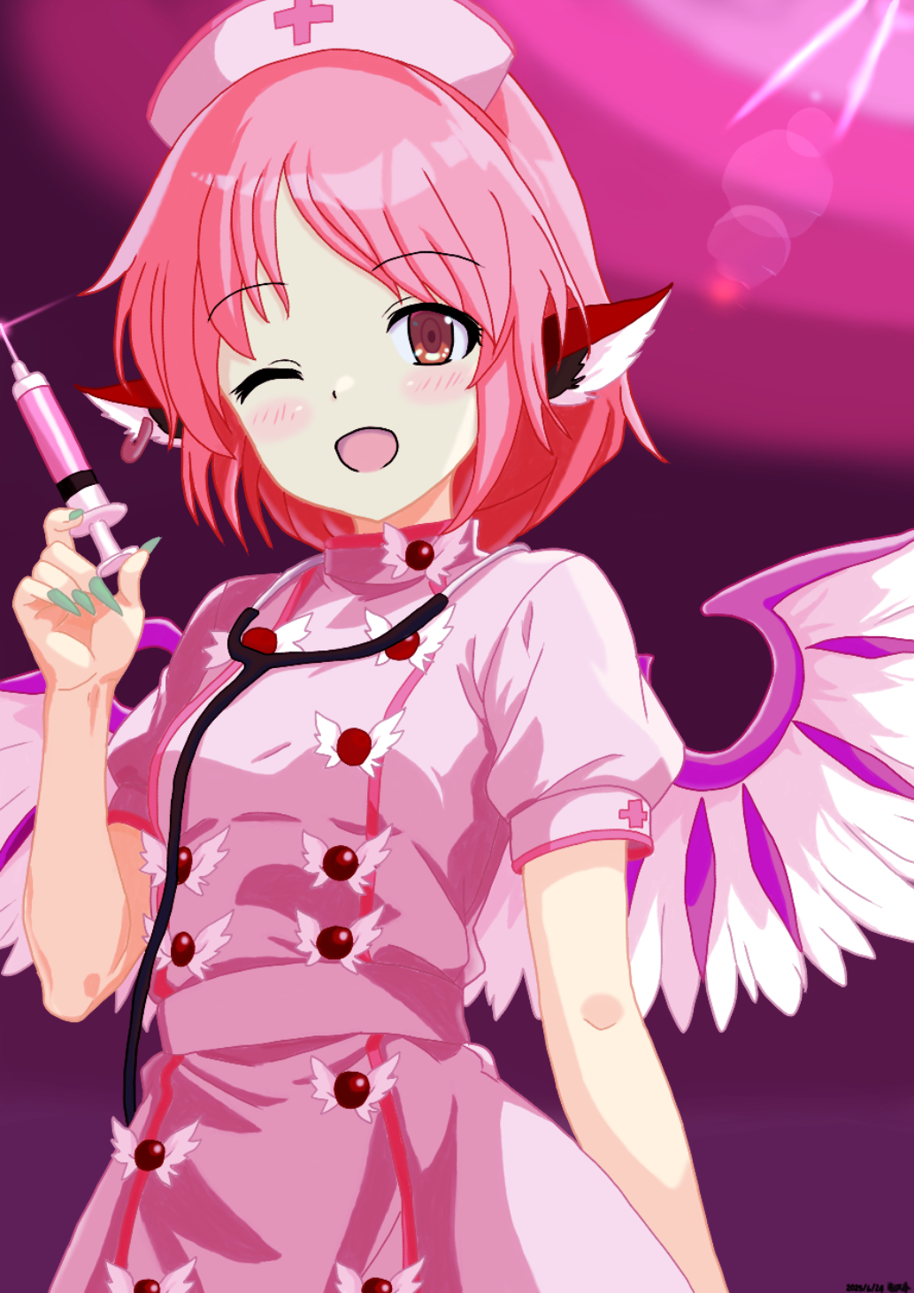 1girl, alternate_costume, alternate_headwear, animal_ears, bird_ears, bird_wings, blush, breasts