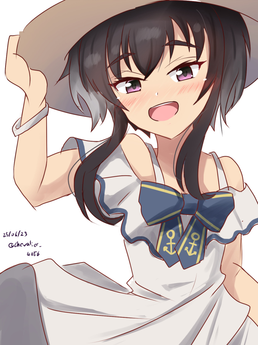 1girl, anchor_symbol, black_hair, blush, bracelet, cosplay, dated, dress, gradient_hair, hat, highres, jewelry, kantai_collection, looking_at_viewer, multicolored_hair, open_mouth, sawatani_(chevalier_04056), short_hair, smile, solo, straw_hat, sundress, tokitsukaze_(kancolle), twitter_username, violet_eyes, white_background, white_dress, yukikaze_(kancolle), yukikaze_(kancolle)_(cosplay), yukikaze_(summer)_(kancolle)