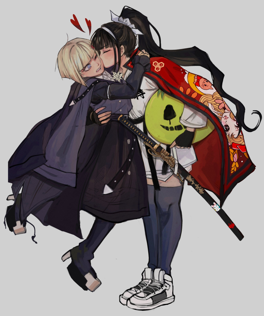 2girls, absurdres, anaizzzen, arm_around_waist, black_gloves, black_hair, black_skirt, black_thighhighs, blonde_hair, blue_eyes, blue_shirt, bob_cut, brooch, cloak, commentary, embarrassed, english_commentary, fingerless_gloves, gloves, grey_background, heart, highres, holding, holding_mask, japanese_clothes, jewelry, katana, kiss, kissing_cheek, lifting_person, long_hair, long_skirt, magadori_kyoshika, mask, multiple_girls, one_eye_closed, oosuzuki_kurara, open_mouth, platform_shoes, ponytail, red_cloak, sheath, sheathed, shirt, shoes, simple_background, skirt, sneakers, sword, the_hundred_line_-last_defense_academy-, thigh-highs, uwagi, weapon, white_shoes, yuri