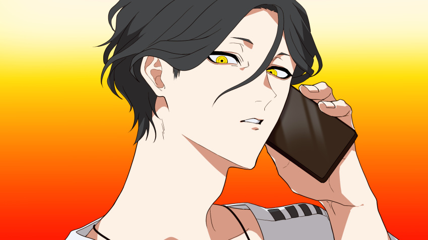 1boy, black_hair, commentary_request, gradient_background, hair_between_eyes, hand_up, highres, holding, holding_phone, iwnm0313, looking_at_viewer, male_focus, meguriya_ayumu, netsu_ijou_(utau), orange_background, parted_lips, phone, shirt, short_hair, solo, toshi_densetsu_kaitai_center, upper_body, white_shirt, yellow_eyes