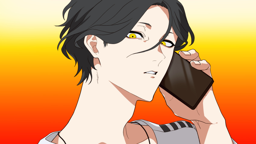 1boy, black_hair, commentary_request, gradient_background, hair_between_eyes, hand_up, highres, holding