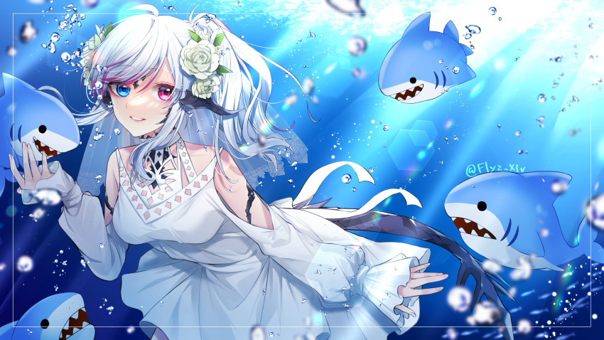 1girl, absurdres, au_ra, bare_shoulders, blue_eyes, breasts, clothing_cutout, commission, dragon_girl, dragon_horns, dragon_tail, dress, final_fantasy, final_fantasy_xiv, fliz_ts, flower, hair_flower, hair_ornament, heterochromia, highres, horns, looking_at_viewer, multicolored_hair, red_eyes, red_hair, scales, shark, shoulder_cutout, side_ponytail, skeb_commission, streaked_hair, tail, the_major-general_(ff14), warrior_of_light_(ff14), white_dress, white_hair