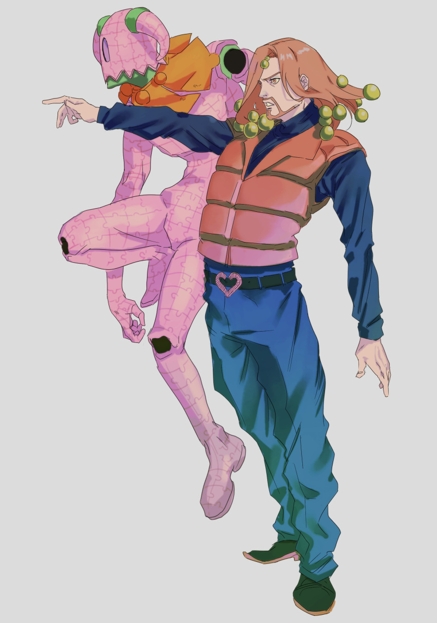 1boy, 1other, beard, belt, belt_buckle, black_belt, blue_pants, blue_shirt, brown_eyes, brown_hair, brown_vest, buckle, colored_skin, commentary_request, facial_hair, full_body, hair_bobbles, hair_ornament, higashikata_norisuke_iv, highres, jojo_no_kimyou_na_bouken, jojolion, king_nothing, long_hair, male_focus, pants, pink_skin, pointing, polyphone, puzzle_piece, shirt, stand_(jojo), vest