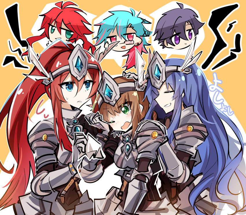 25ocoveryui, 2boys, 4girls, absurdres, armor, black_hair, blue_eyes, blue_hair