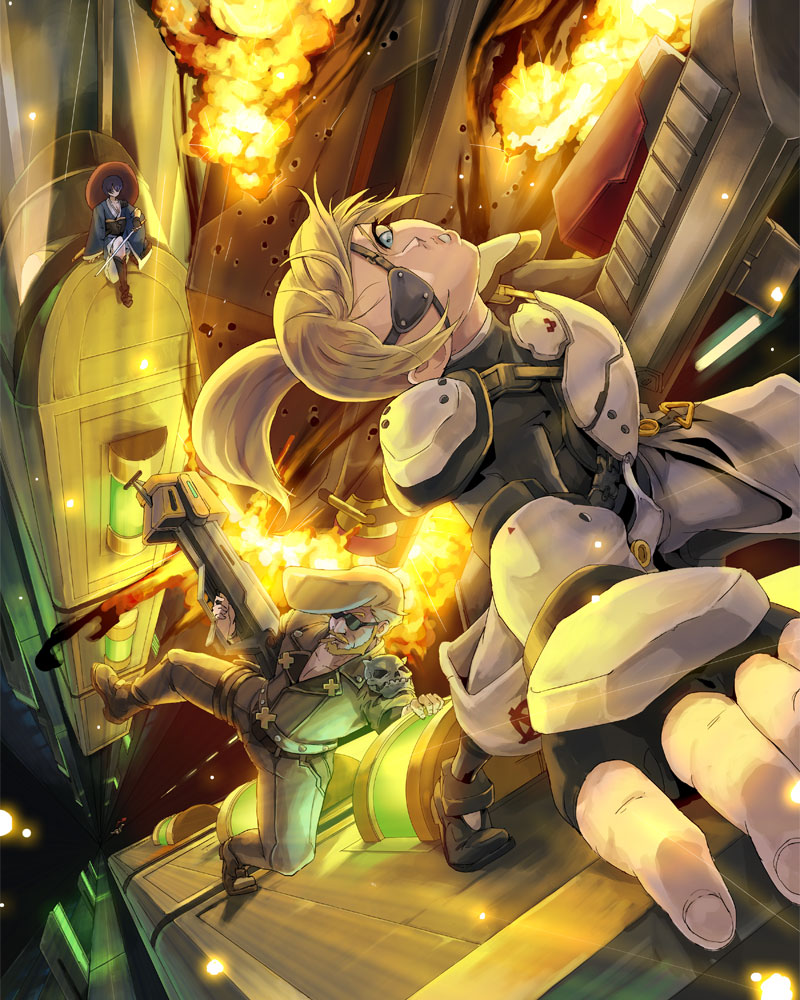 battle, blue_eyes, blz, cigar, contra, destruction, explosion, eyepatch