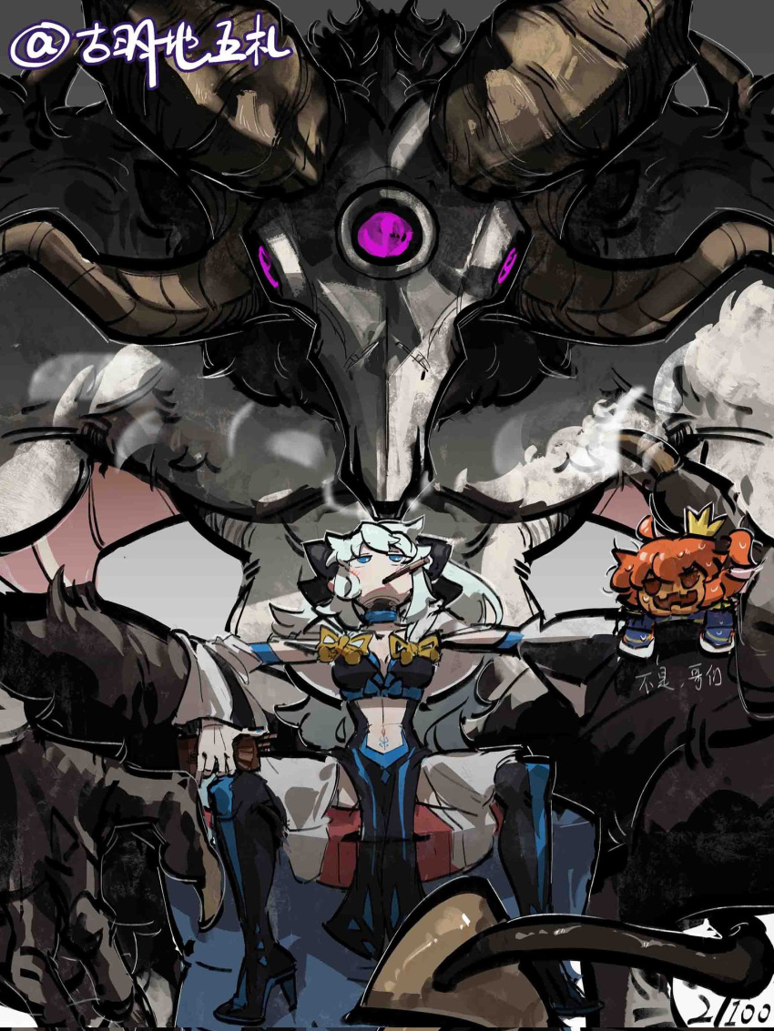 2girls, black_bow, blue_eyes, bow, crown, fate/grand_order, fate_(series), fujimaru_ritsuka_(female), hair_between_eyes, hair_bow, highres, long_hair, mini_crown, mogukong_1238, morgan_le_fay_(fate), morgan_le_fay_(second_ascension)_(fate), multiple_girls, orange_hair, ponytail, pumpkin, short_hair, sitting, stomach_tattoo, tattoo, white_hair