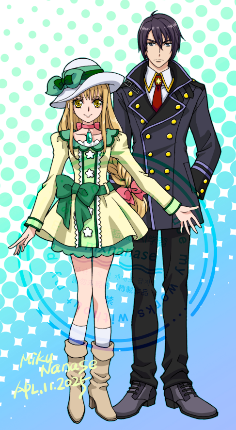 1boy, 1girl, alternate_costume, alternate_hairstyle, black_hair, blonde_hair, boots, bow