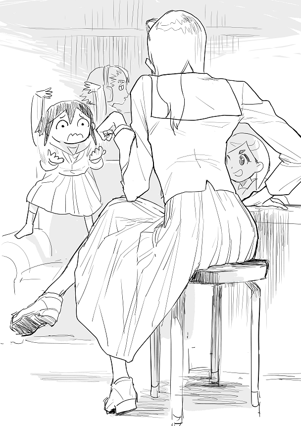 4girls, asakusa_midori, commentary, doumeki_parker, eizouken_ni_wa_te_wo_dasu_na!, eyewear_on_head, from_behind, glasses