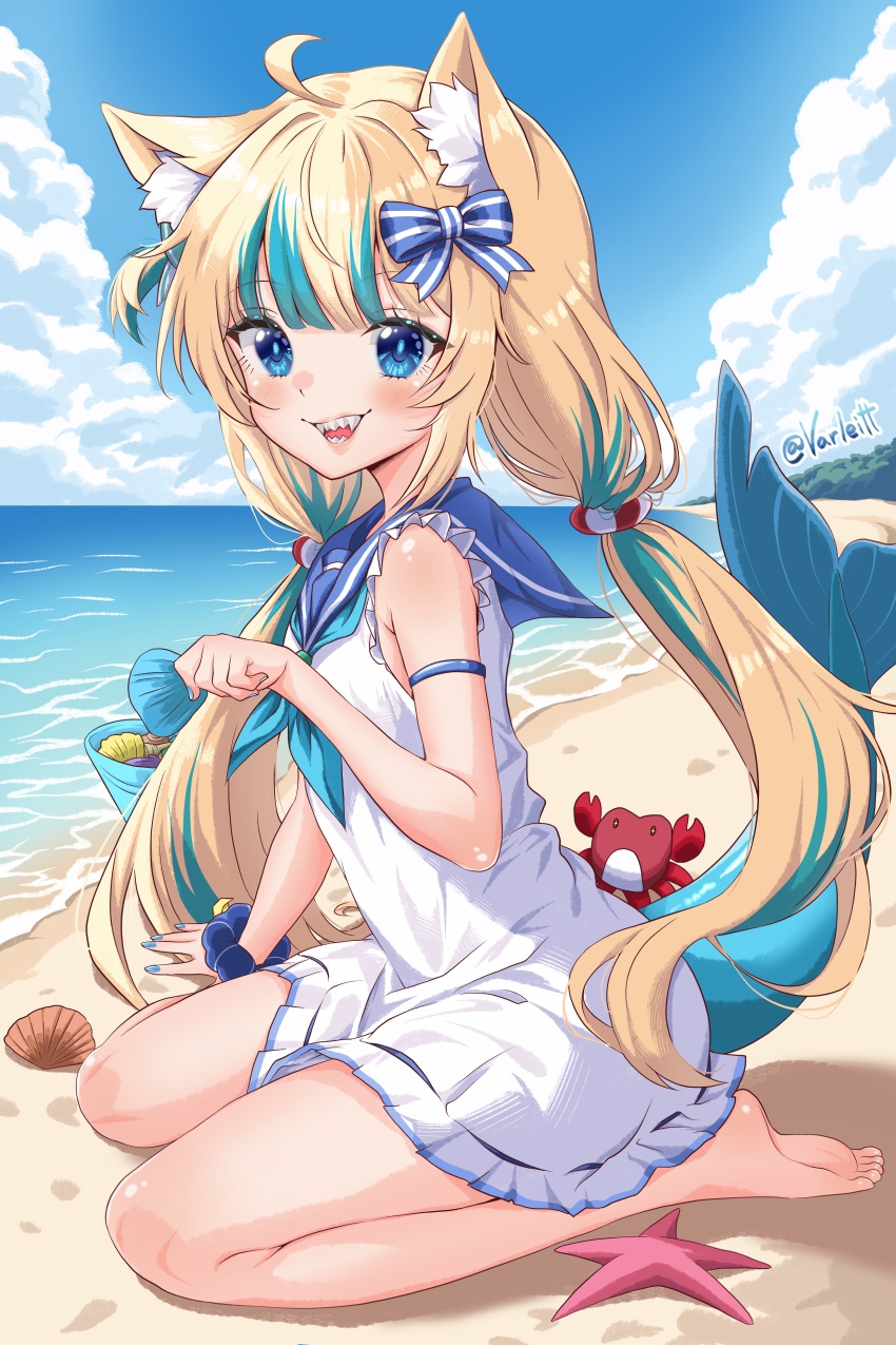 1girl, absurdres, animal_ear_fluff, animal_ears, arm_strap, barefoot, blonde_hair, blue_bow