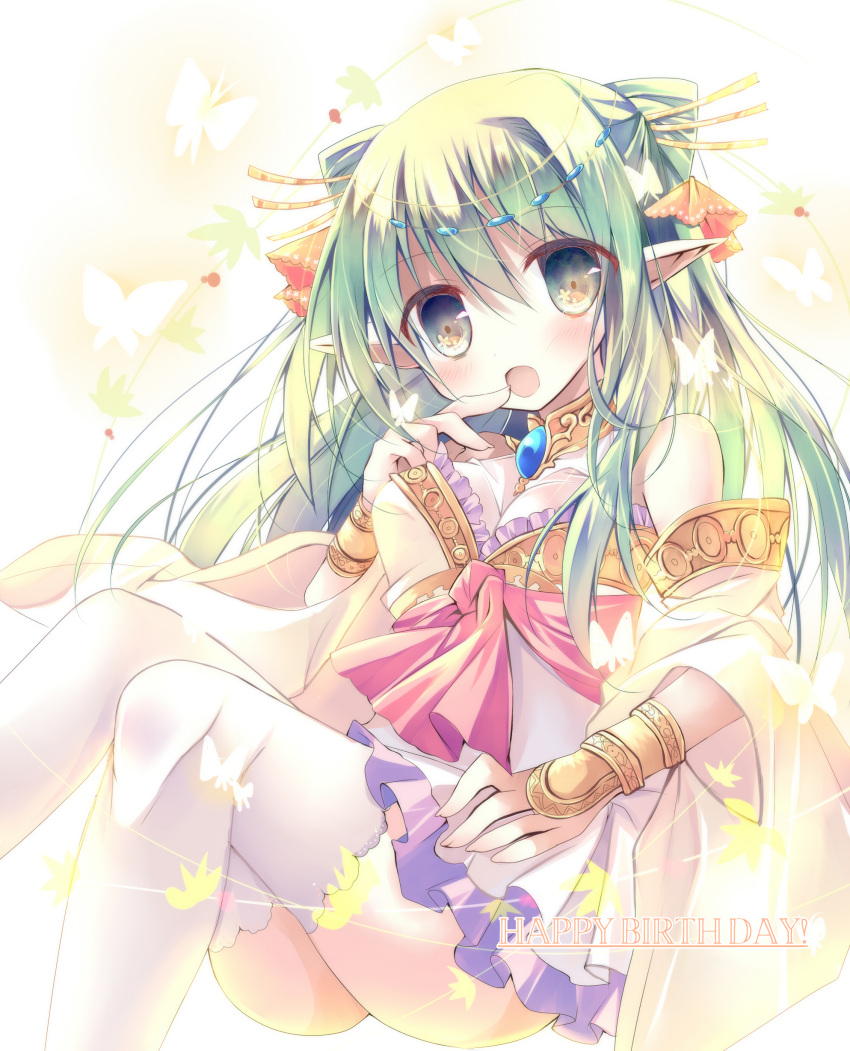 1girl, absurdres, bare_shoulders, breasts, cecile_leica_engel_berglund, dress, elf, finger_to_mouth