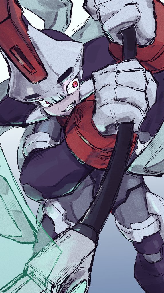 1boy, armor, blue_hair, cowboy_shot, energy_blade, fins, grey_background, head_fins