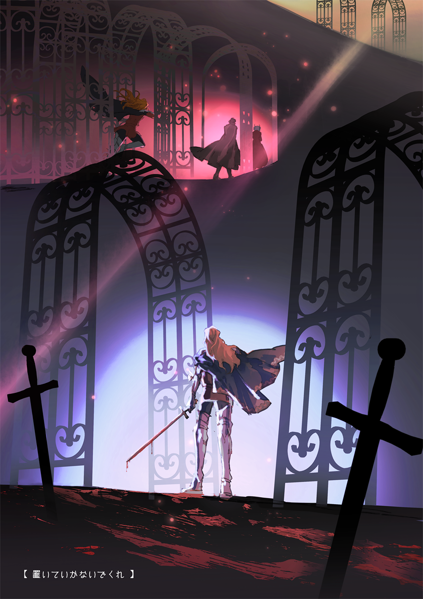 1girl, 2boys, abstract_background, armored_boots, artist_request, back, bad_id, bad_pixiv_id