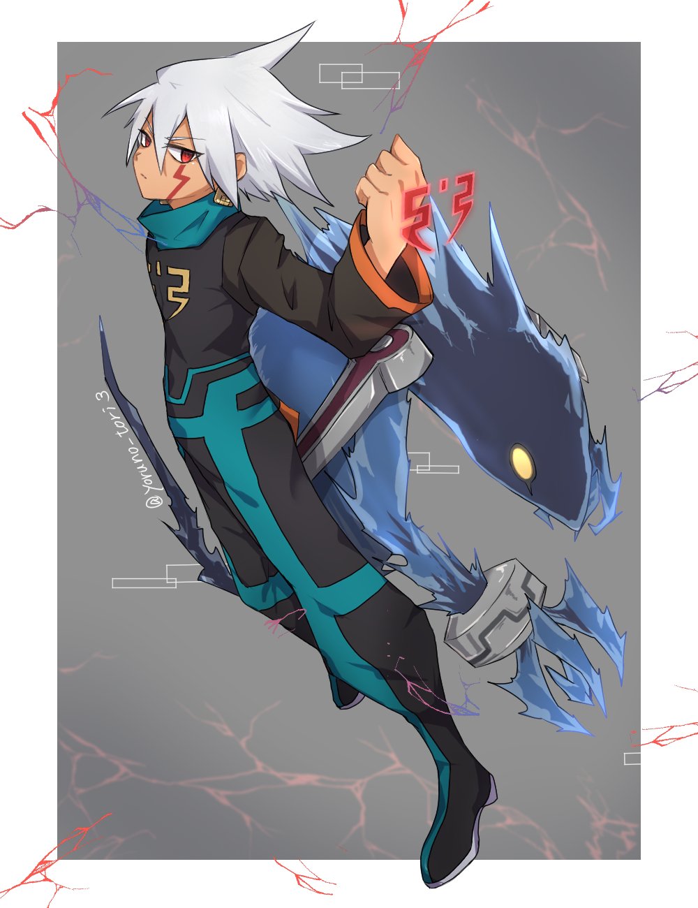 1boy, black_bodysuit, bodysuit, border, clenched_hand, earrings, facial_mark, full_body, green_hair, grey_background, highres, jewelry, laplace_(mega_man), male_focus, medium_hair, mega_man_(series), mega_man_star_force_(series), red_eyes, simple_background, solo_(mega_man), white_border, yoruno_tori3