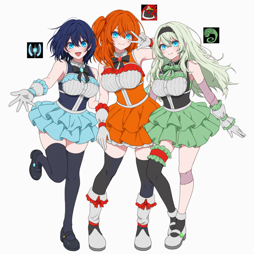 3girls, :d, ai-created, ai-generated, asymmetrical_hair, bare_shoulders, beniyama_kohna, black_bow