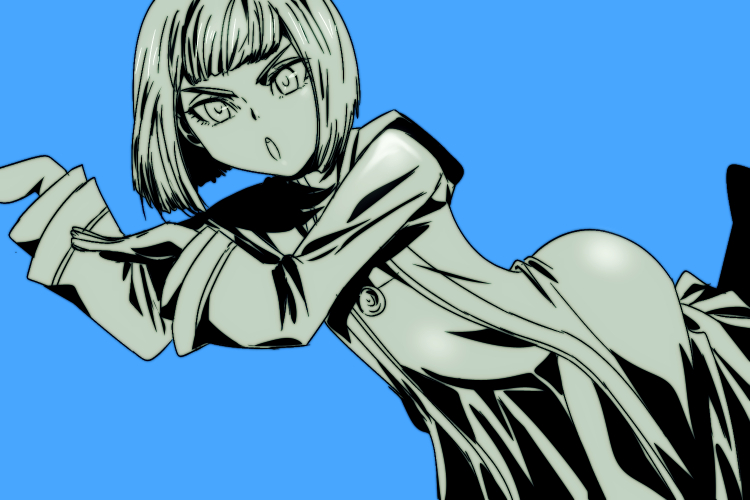 1girl, blue_background, blunt_bangs, bob_cut, commentary_request, dragon_quest, dragon_quest_x, flat_chest