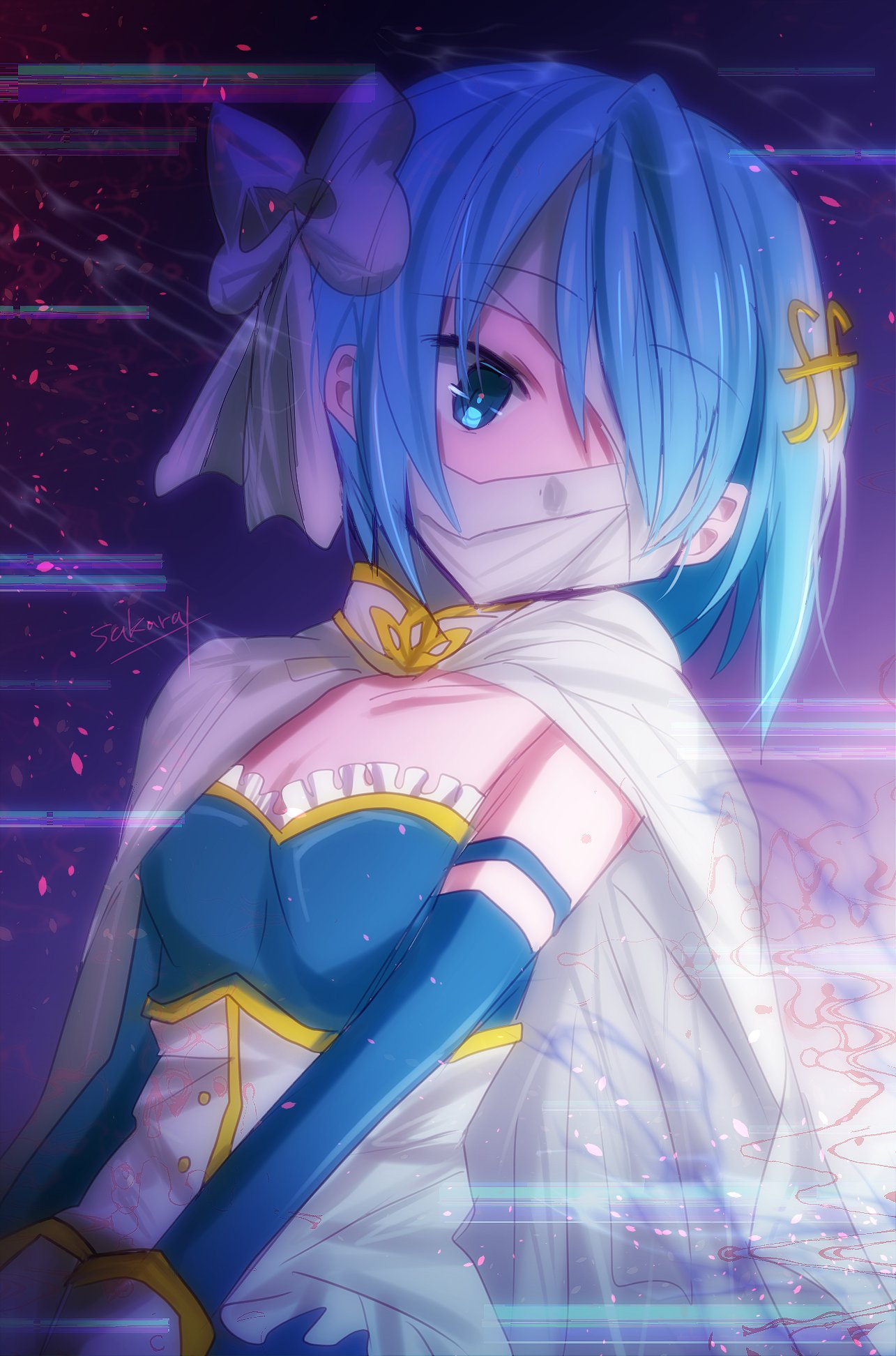 1girl, armor, bandage_on_face, bandages, blossom_magica, blue_dress, blue_eyes, blue_hair