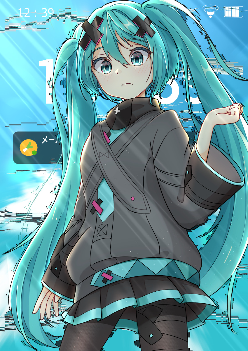 1girl, absurdres, aqua_eyes, aqua_hair, bandaid, bandaid_on_leg, batsu_miku, battery_indicator, black_skirt, blush, breasts, closed_mouth, grey_jacket, hair_between_eyes, hair_ornament, hatsune_miku, highres, jacket, kowareta_sekai_to_utaenai_miku, long_hair, long_sleeves, medium_breasts, natsu_chiki, pleated_skirt, project_sekai, skirt, sleeves_past_wrists, solo, turtleneck, turtleneck_jacket, twintails, very_long_hair, vocaloid, wi-fi_symbol, wide_sleeves, x_hair_ornament