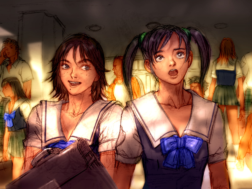 2girls, :d, bag, black_hair, blue_bow, bow, brown_eyes, brown_hair