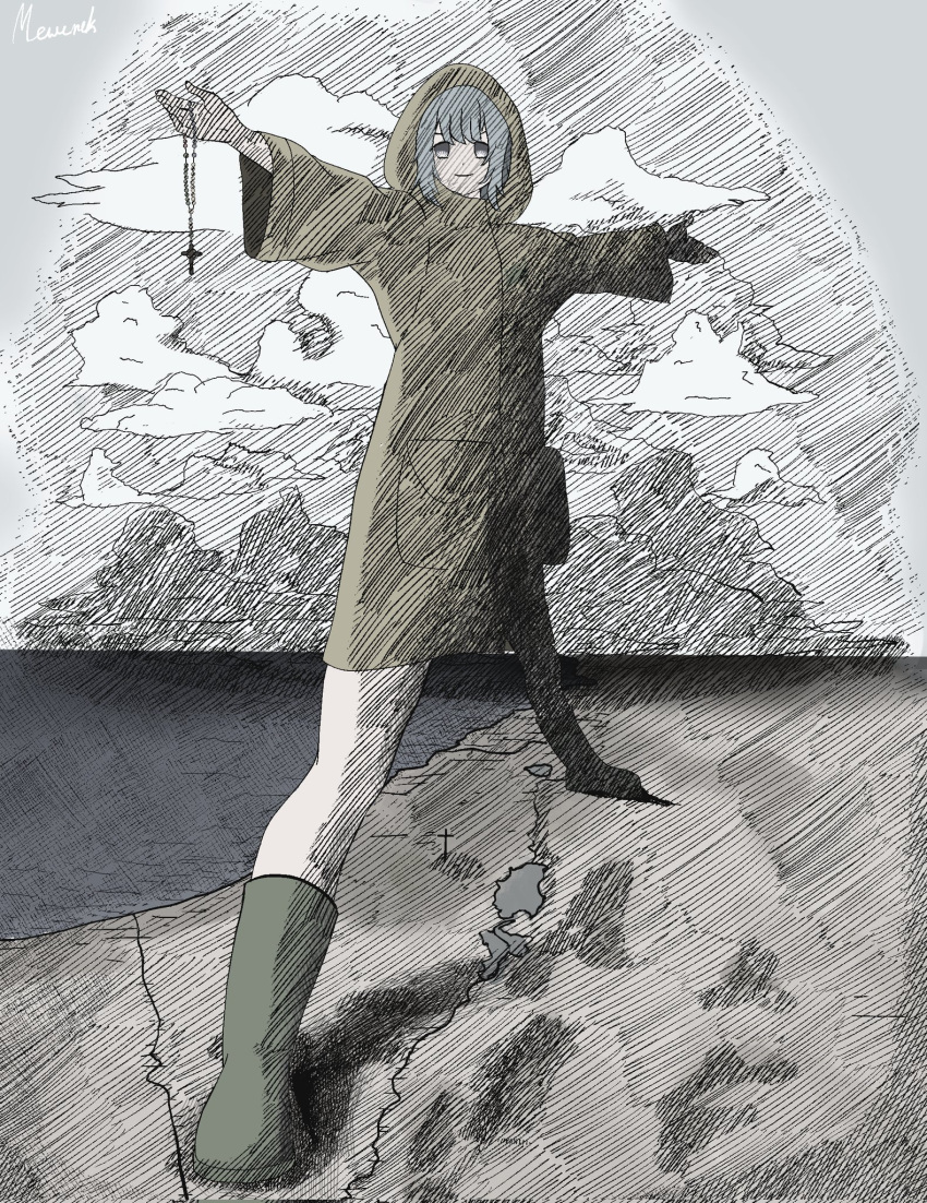 1girl, blue_eyes, blue_hair, boots, cecil_rhodes, cross, dirty_footwear, green_boots