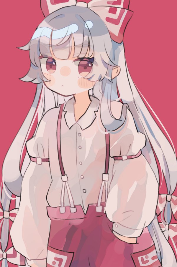 1girl, :o, blush, bow, collared_shirt, expressionless, fujiwara_no_mokou, hair_bow