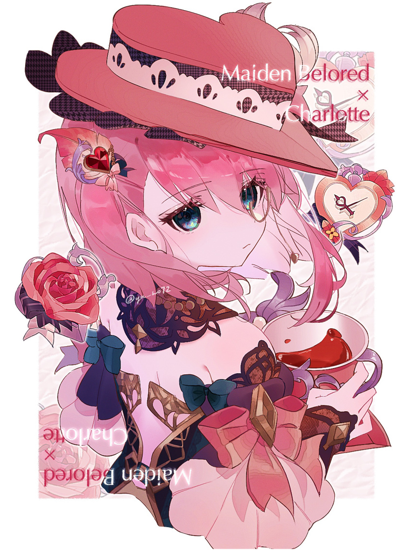 1girl, alternate_costume, back, bow, breasts, charlotte_(genshin_impact), cup, detached_collar