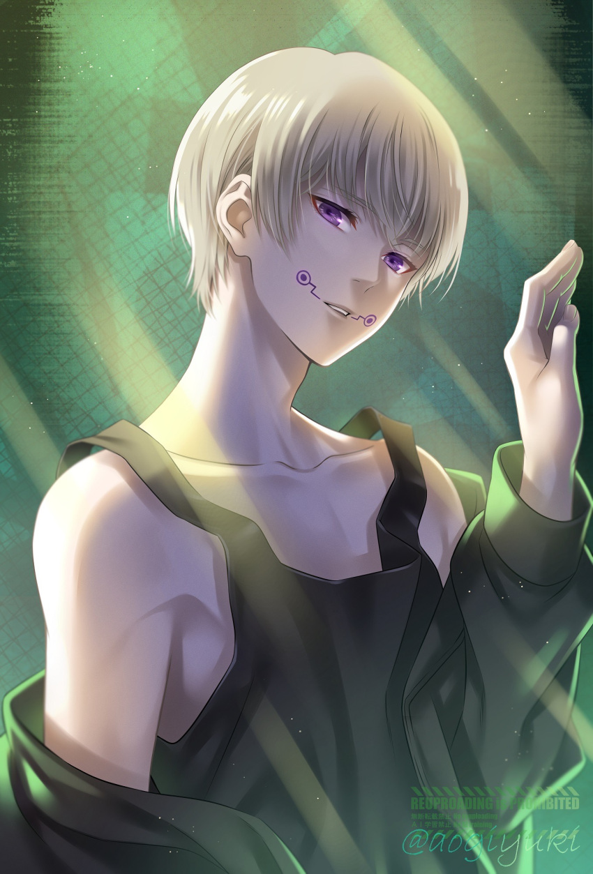 1boy, aogiyuki, bare_shoulders, black_jacket, black_tank_top, collarbone, commentary_request, facial_mark