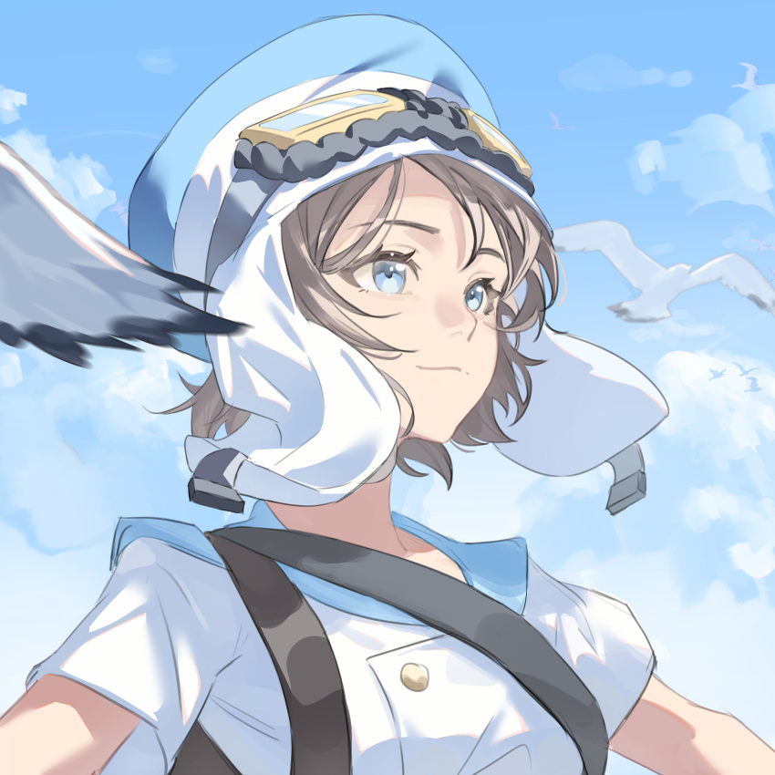 1girl, absurdres, aviator_cap, aviator_goggles, backpack, bag, bird, bird_wings