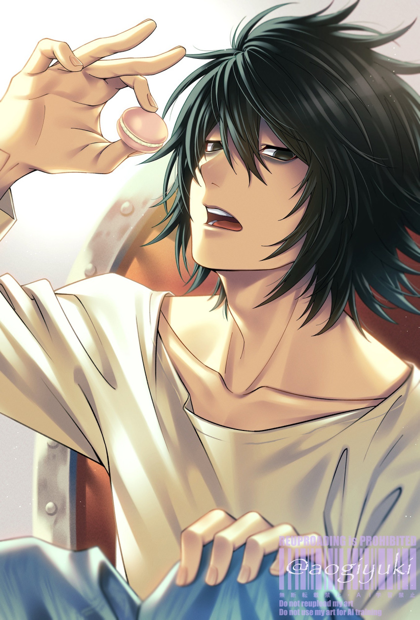 1boy, aogiyuki, bags_under_eyes, black_eyes, black_hair, blue_pants, chair, collarbone