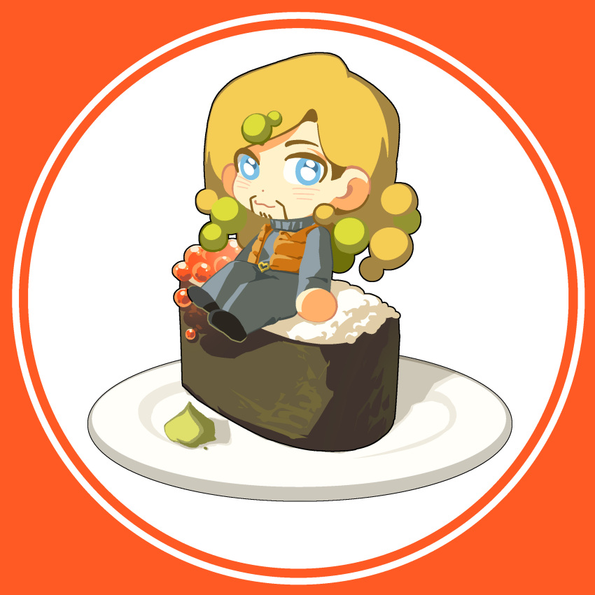 1boy, absurdres, beard, blonde_hair, blue_eyes, blue_pants, blue_shirt, brown_vest
