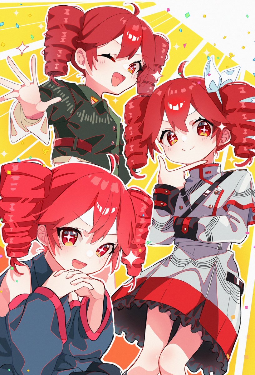+_+, 3girls, ahoge, black_shirt, black_sleeve_cuffs, black_sleeves, bow, collared_shirt