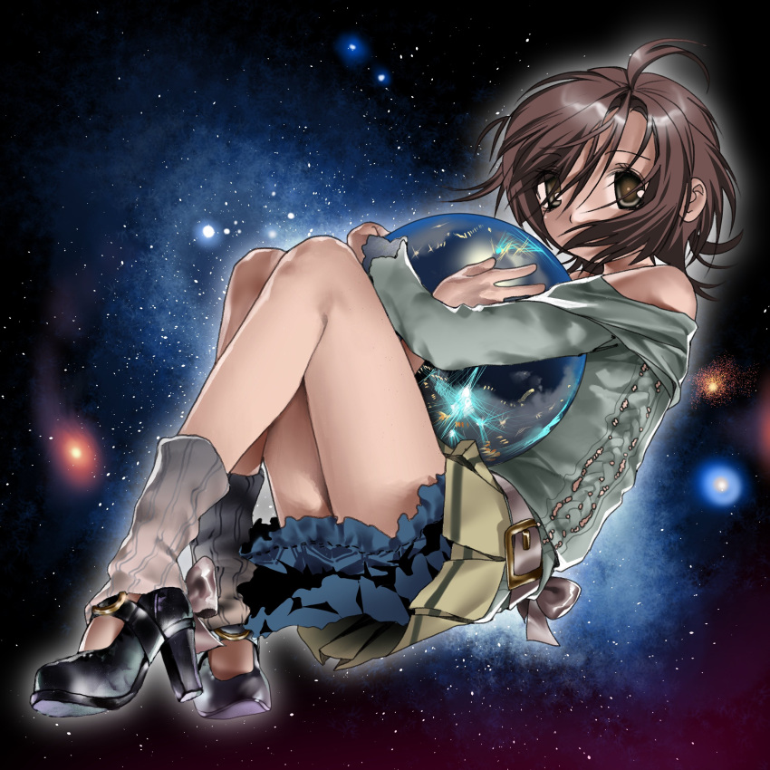 1girl, absurdres, ahoge, beanill512, brown_hair, high_heels, highres, holding, leg_warmers, long_sleeves, original, shirt, skirt, solo