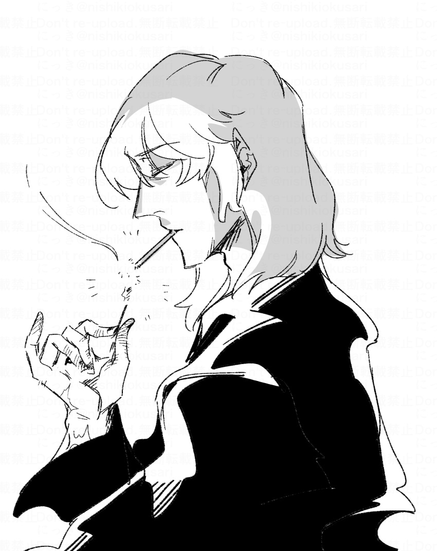 1boy, closed_eyes, closed_mouth, curse_maker, curse_maker_1, fire, from_side, greyscale