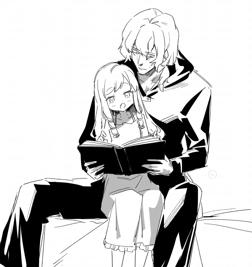 1boy, 1girl, bare_shoulders, book, collarbone, curse_maker, curse_maker_1, doctor_magus