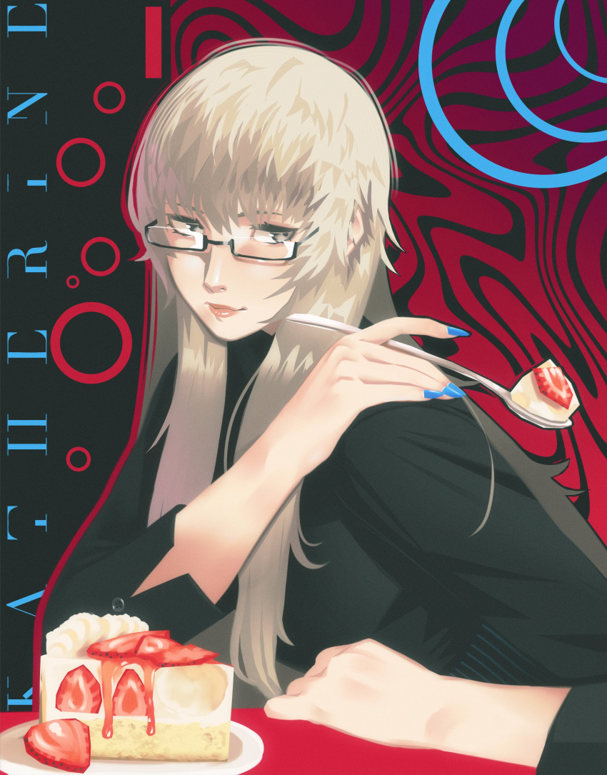 1girl, absurdres, black_shirt, blonde_hair, blue_nails, cake, catherine_(game), ceramicnoise