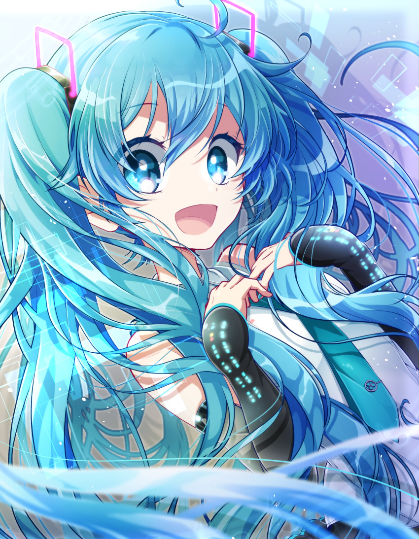 1girl, :d, absurdres, anniversary, aqua_hair, aqua_necktie, black_sleeves, blue_eyes