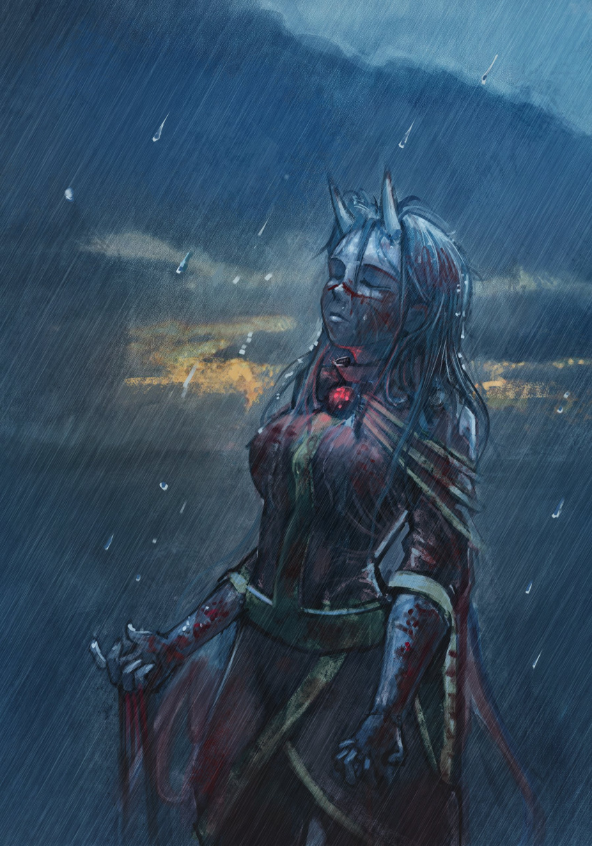 1girl, absurdres, black_hair, blood, blood_on_clothes, breasts, calamity_(terraria_mod), character_request