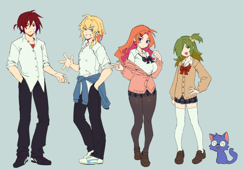 111nuaywwa, 2boys, 2girls, :d, anna_(epic_battle_fantasy), black_bow, black_bowtie, black_pants