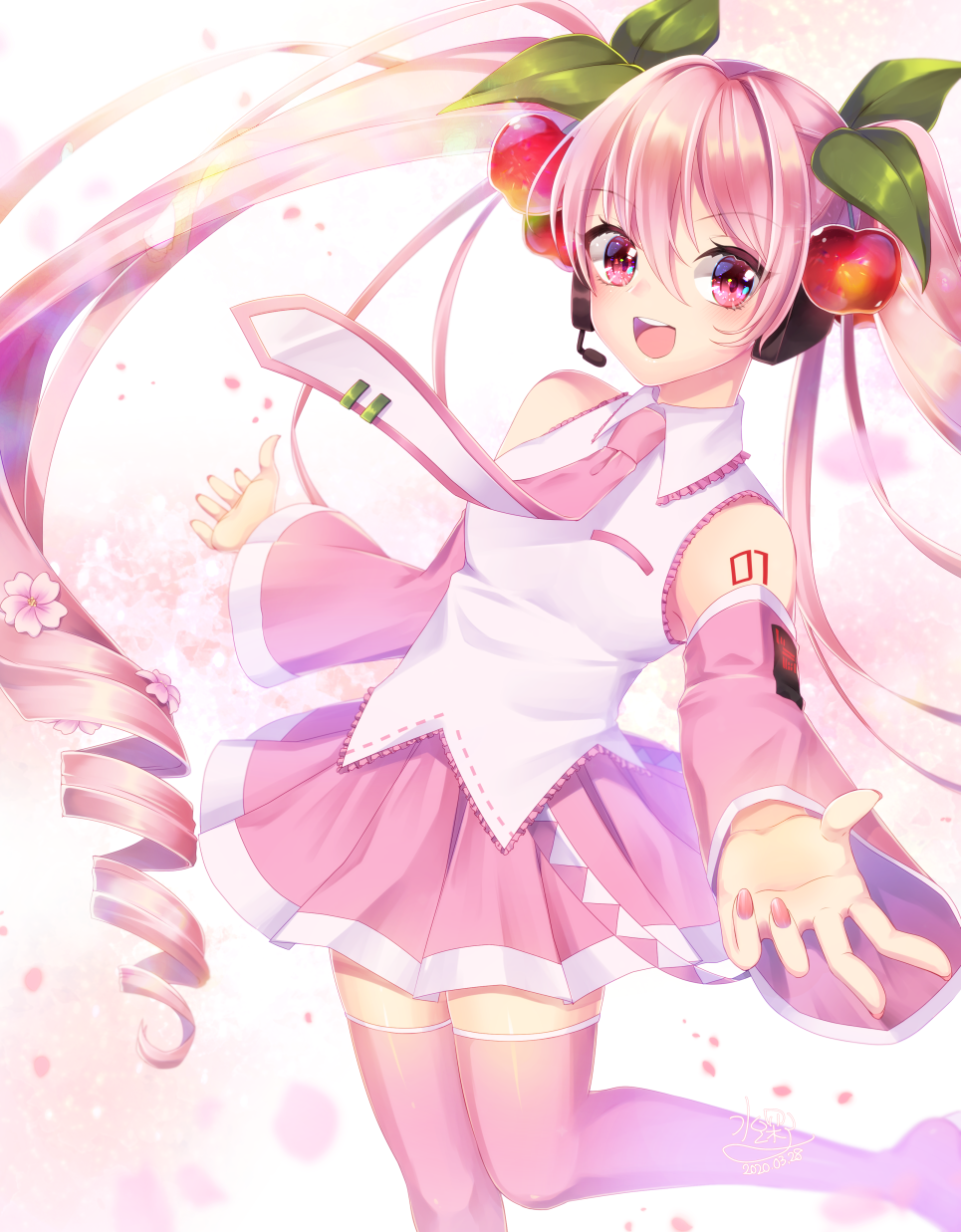 1girl, :d, arm_tattoo, boots, cherry_blossoms, cherry_hair_ornament, collared_shirt, commentary_request