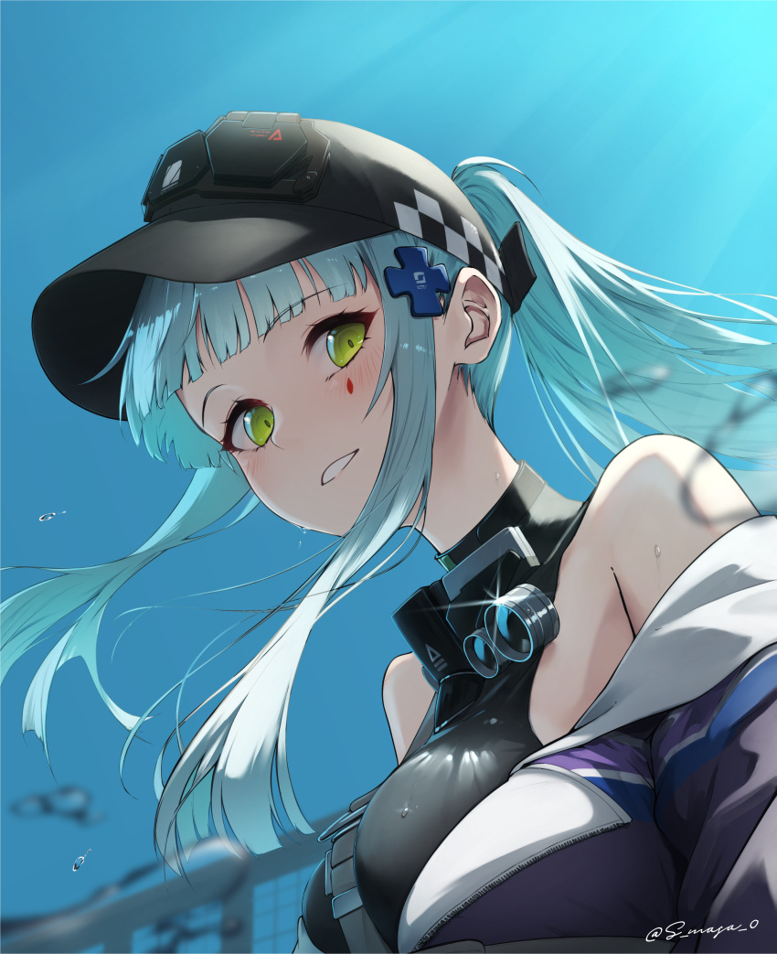 1girl, absurdres, bare_shoulders, baseball_cap, blue_jacket, blue_sky, blunt_bangs, blurry