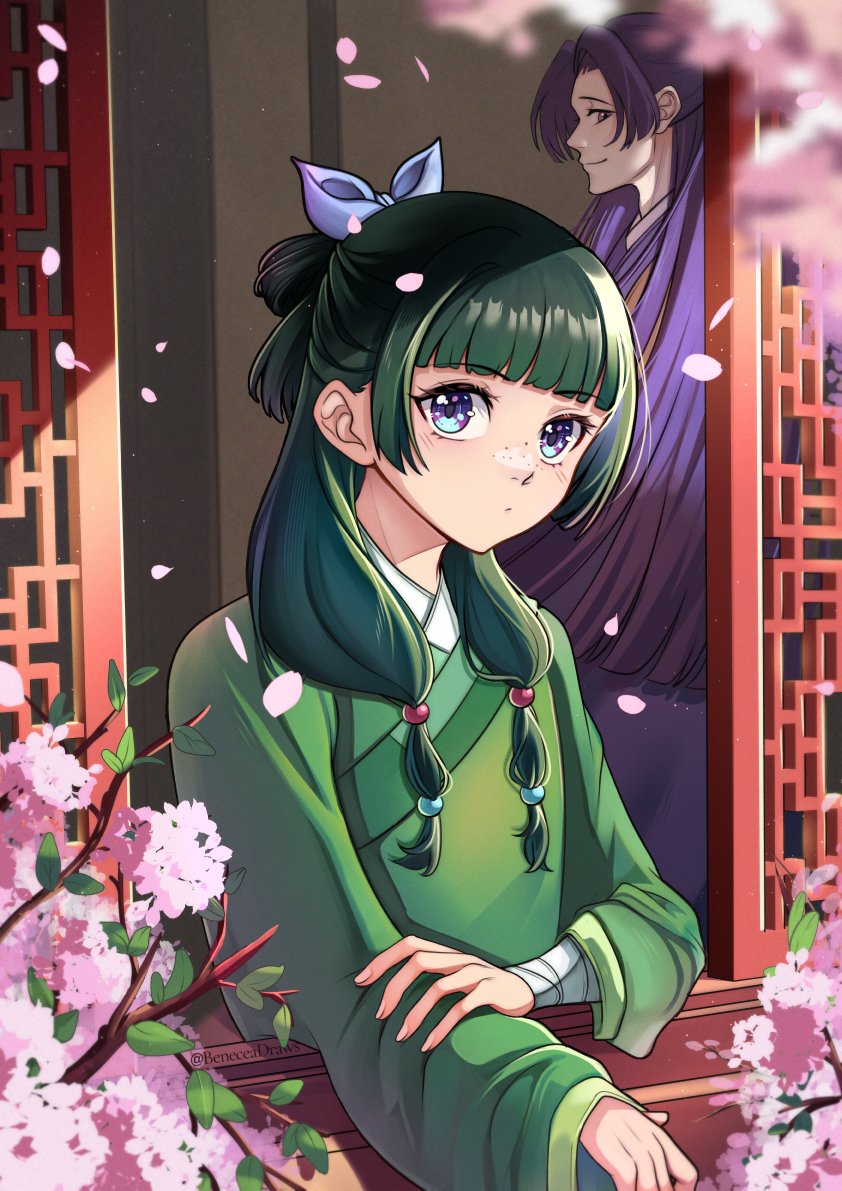 1boy, 1girl, beneceadraws, blue_eyes, blunt_bangs, chinese_clothes, freckles, green_hair