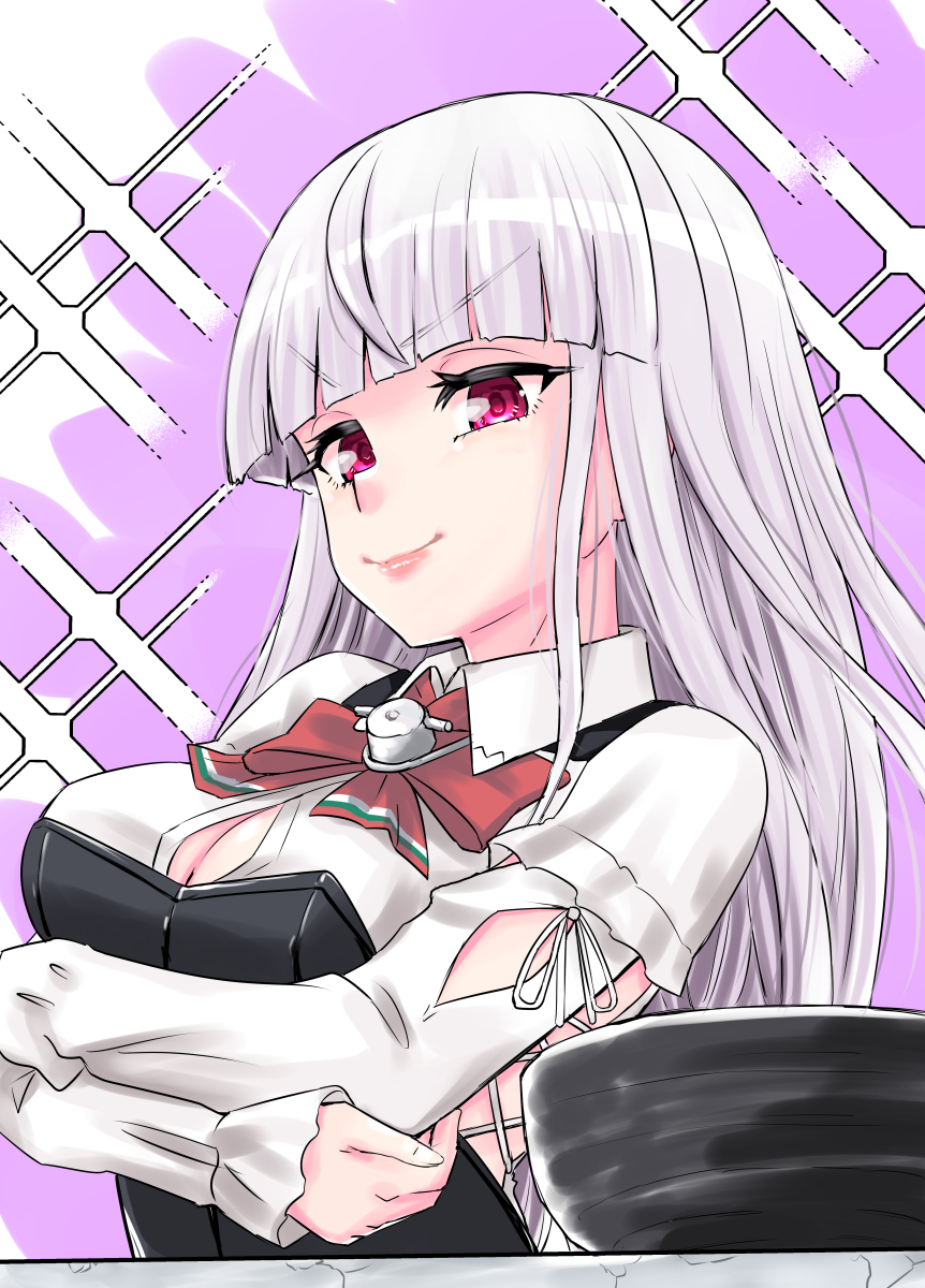 1girl, blush, breasts, corset, cosplay, crossed_arms, hat, highres, kantai_collection, kirov_(kancolle), large_breasts, long_hair, long_sleeves, looking_at_viewer, necktie, nekotarou_(nktr299), pink_eyes, pink_hair, pola_(kancolle), pola_(kancolle)_(cosplay), shirt, smile, solo, upper_body, white_shirt