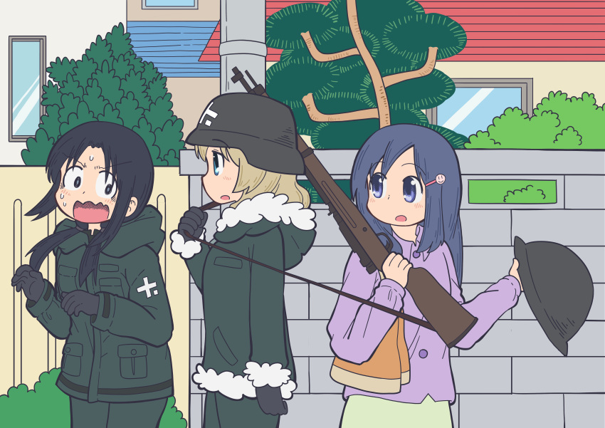 3girls, absurdres, black_eyes, black_hair, blonde_hair, blue_eyes, blush, brick_wall, brodie_helmet, chito_(shoujo_shuumatsu_ryokou), city_(arawi_keiichi), coat, combat_helmet, commentary, cowboy_shot, english_commentary, fur_trim, green_coat, green_pants, gun, helmet, highres, holding, holding_gun, holding_weapon, long_hair, long_sleeves, looking_at_another, looking_to_the_side, low_twintails, m1_garand, military_uniform, multiple_girls, mushroomsucy, naganohara_yoshino, nichijou, open_mouth, outdoors, pants, purple_shirt, rifle, shirt, shoujo_shuumatsu_ryokou, stahlhelm, theft, twintails, v-shaped_eyebrows, weapon, yuuri_(shoujo_shuumatsu_ryokou)