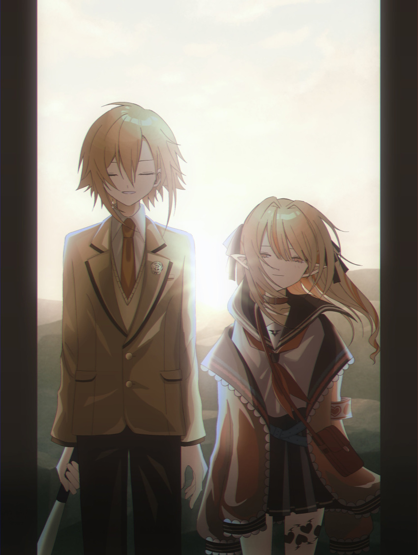 1boy, 1girl, absurdres, black_border, blazer, blonde_hair, blue_sailor_collar, blue_skirt, blurry, border, closed_eyes, collared_shirt, dawn, dress, floating_hair, hair_between_eyes, height_difference, highres, jacket, kaiinu, leg_tattoo, looking_at_viewer, makaino_ririmu, makaino_ririmu_(4th_costume), neckerchief, necktie, nijisanji, outdoors, pants, pink_jacket, pleated_dress, red_neckerchief, sailor_collar, school_uniform, serafuku, shirt, short_hair, skirt, smile, sun, tattoo, uzuki_kou, uzuki_kou_(3rd_costume), virtual_youtuber, white_shirt, wind, winged_heart_tattoo